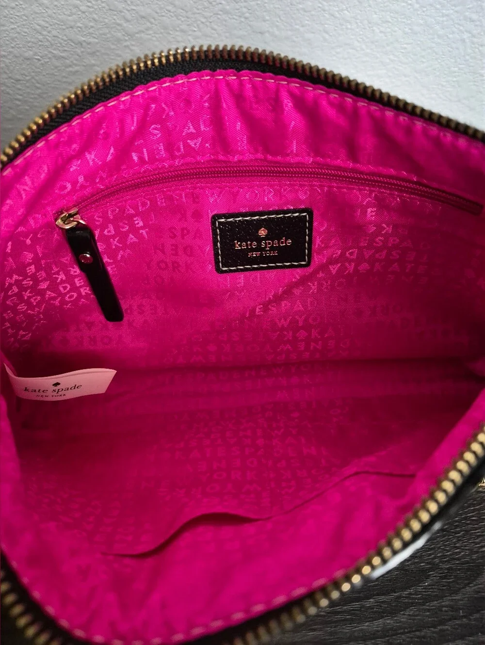 kate spade New York Wellesley Byrd Black Leather Wristlet with Gold Chain